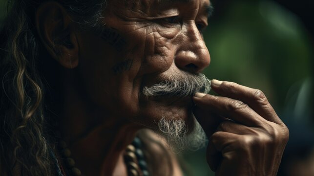 Fototapeta Illustration of a Hawaiian tattooed on the face and smoking, cool