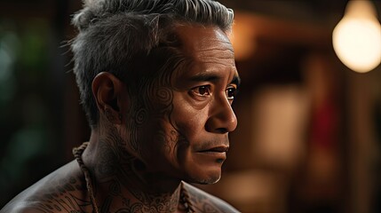 Illustration of a Hawaiian tattooed on the face and smoking, cool - obrazy, fototapety, plakaty