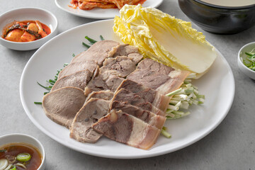 Korean food dish Beef head gukbap, boiled pork, beef, yukgyejang, side dishes