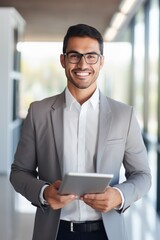 young professional Latin businessman, looking at the camera while holding a digital tablet, stands in an office for a vertical portrait - obrazy, fototapety, plakaty
