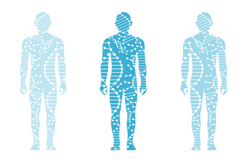 medical science and technology illustration, blue human body and dna icon , gene and molecule isolated on white background.