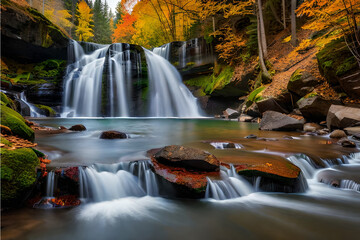 Cascading waterfall framed by the rich colors of autumn leaves, creating a harmonious blend of movement and vibrant hues.