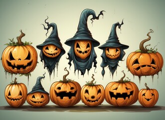 A set of halloween icon of witches, in the style of stencil based, ben wooten, black - and - white, cartoonish motifs. Generative AI.