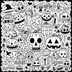 Obraz premium Black and white coloring pages for kids, simple lines, vector, a coloring page for kids, halloween elements, cartoon style, black thick lines, medium detail, white background. Generative AI.