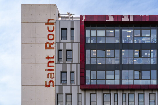 Montpellier, France - 08 28 2023 : Landscape view of St Roch polyclinic hospital facade