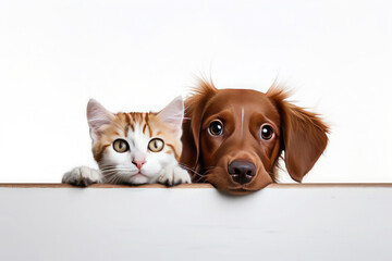 A dog and a cat look out at the table on a white background. Advertising banner mockup for pet shop or veterinary clinic.