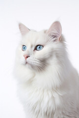 Beautiful cat of white color and blue eyes on a white background