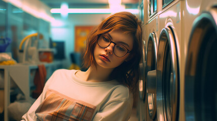 photo of a cute young nerdy woman sleep in a laundromat room.genearative ai