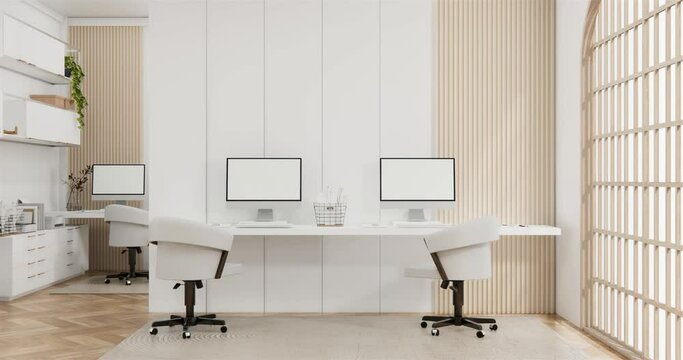 The interior Computer and office tools on desk room muji style interior design. 3D rendering
