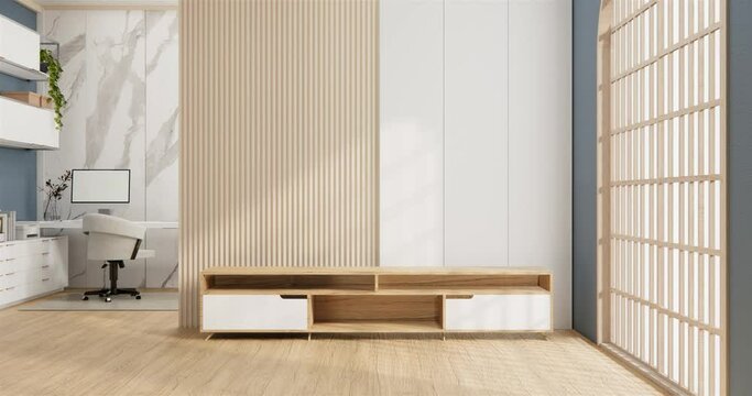 The interior Computer and office tools on desk room muji style interior design. 3D rendering