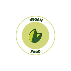 Vegan food sticker, label, badge and logo. Ecology icon. Logo template with leaves for vegan food or vegan product. Vector illustration isolated on white background