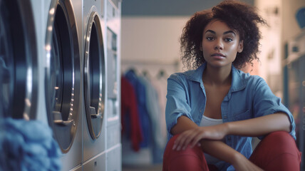 Young african american woman waiting in a laundry room.generative ai - obrazy, fototapety, plakaty