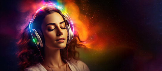 Healing Sounds and Sound Therapy. Sound healing well-being vibrations open, clear and balance chakras and energy. Woman in headset in sound healing therapy and meditation.