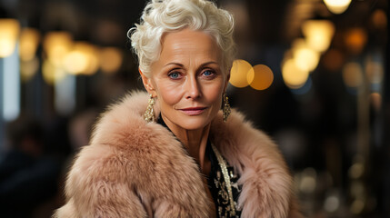 Captivating mature woman in luxurious fur coat, exuding elegance and wealth against a high-end boutique background, showcasing opulent lifestyle and glamour. © XaMaps