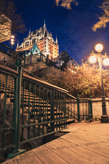 Naklejka premium Quebec City Canada night seen with historic Chateau Frontenac seen in the background. 