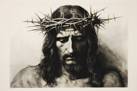 Jesus Christ with crown of thorns. Black and white image.