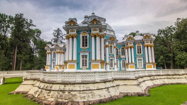 Timelapse hyperlapse of Hermitage Pavilion: A picturesque spot in Catherine Park, Tsarskoe Selo near Saint Petersburg, Russia. Cloudy sky adds to the ambiance