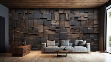 Interior living room with wall made from wooden pattern, luxury elegant, classic, design interior house inspiration sample
