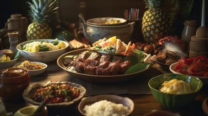 Illustration of typical Hawaiian food that looks very delicious, good - obrazy, fototapety, plakaty