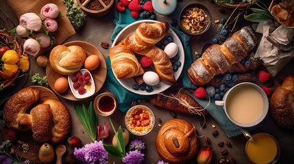 Obraz na płótnie Canvas Easter breakfast flat lay, scrambled eggs, bagels, tulips, muffin, coffee, fruits. Generative ai