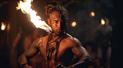 Illustration of a Hawaiian performing with fire, cool - obrazy, fototapety, plakaty