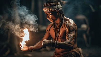 Illustration of a Hawaiian performing with fire, cool
