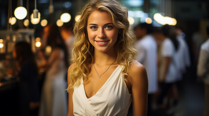 Fototapeta premium Intriguing contrast of a radiant, 18-year-old blonde with blue eyes and bright smile in white dress, set against an active science lab backdrop.