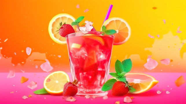 Fresh healthy limonate cocktail with crushed ice, strawberry and mint. Generative ai