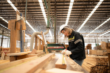 Portrait of young female carpenter working with wood cutter machine in the wooden factory