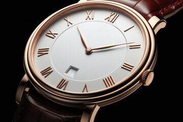 Naklejka premium Beautiful luxury fashion gold watch with a white dial on a dark background, close-up view. Advertising for watch shops.generative ai 