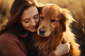 Beautiful young woman with a dog in the field at sunset.