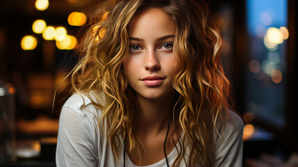 Fototapeta premium Captivating blonde teen, freckled with blue eyes, embraces her youthful innocence amid a neon-lit city's enchantment.