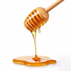 Dripping Honey from a Wooden Spoon Isolated on White Background. Generative ai