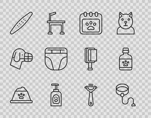 Set line Pet food bowl, Retractable cord leash, Calendar grooming, shampoo, Nail file pet, Diaper for dog, Hair brush and cat and Dog medicine bottle icon. Vector