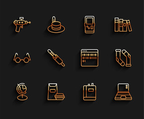 Set line Earth globe, Burger, Ray gun, Book, Laptop, Audio jack, Socks and Binary code icon. Vector