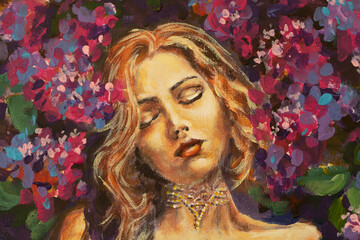 Oil painting portrait of a sleeping girl, woman with closed eyes on a background of pink purple lilac flowers