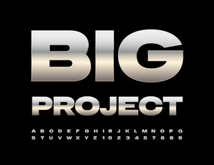 Vector business template Big Project. Bold Steel Font. Chrome Alphabet Letters and Numbers set