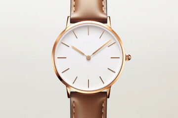 Beautiful luxury fashionable and elegant gold watch with white dial and beige strap isolated on white background.generative ai
