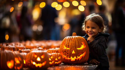 Enthralling child with mischievous grin, holding a vividly carved pumpkin, set against a blurred, horror-themed toy store backdrop showcasing haunting lighting.
