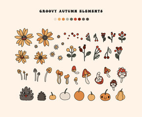 Retro Autumn cartoon cozy floral sticker set. Pumpkins, sunflowers, leaves, mushrooms, berries, decoration elements. 70s linear old animation style collection. Vintage comic vector stickers. Isolated - 640761178