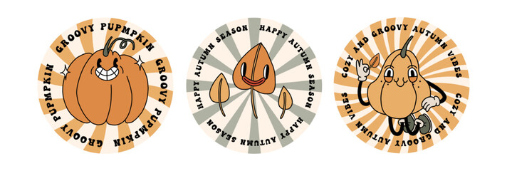 Autumn retro round stickers set with funny groovy mascots. Vintage logo design for Fall season. Pumpkin, leaves elements. Groovy autumn template print. Vintage cartoon style illustrations. Vector - 640761300