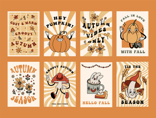 Autumn retro poster set with funny groovy mascots. A4 format card for Fall season. Pumpkin, leaves, mushrooms elements. Groovy autumn poster print template. Vintage cartoon style illustrations. Vector - 640761302