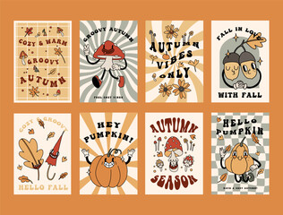Autumn retro poster set with funny groovy mascots. A4 format card for Fall season. Pumpkin, leaves, mushrooms elements. Groovy autumn poster print template. Vintage cartoon style illustrations. Vector - 640761306