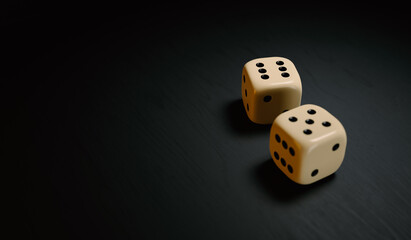 Two White Dice on Dark Background in Realistic Rendering