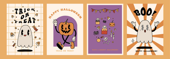 Halloween retro event poster set with funny groovy mascots. A4 format party card for Fall season. Pumpkin, ghost, scull. Groovy autumn poster print template. Vector vintage cartoon style illustrations - 640761314