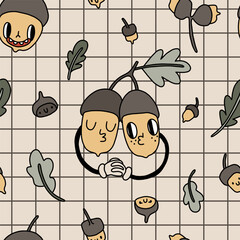 Groovy retro Autumn seamless pattern. Cozy retro vibe of 70s. Cute funny smiling acorn characters and oak leaves on checkered background. Trendy vintage illustration in cartoon hand drawn style - 640761318
