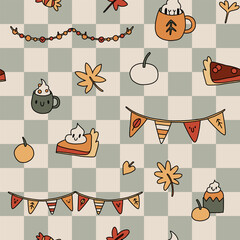 Groovy retro cozy autumn season seamless pattern. Warm fall vibe of 70s. Cute pumpkin spice pie and coffee cup on checkered background. Trendy food vintage illustration in cartoon hand drawn style - 640761319