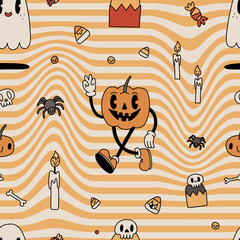 Groovy retro Happy Halloween seamless pattern. Cozy autumn vibe of 70s. Cute funny pumpkin and ghost characters on checkered background. Trendy vintage illustration in cartoon hand drawn style - 640761326