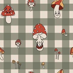 Groovy retro Autumn seamless pattern. Cozy retro vibe of 70s. Cute funny different mushrooms characters on checkered background. Trendy vintage illustration in cartoon hand drawn style - 640761327