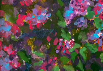 Pink and purple floral abstract flowers background painting with acrylics. Abstract lilac bush illustration.